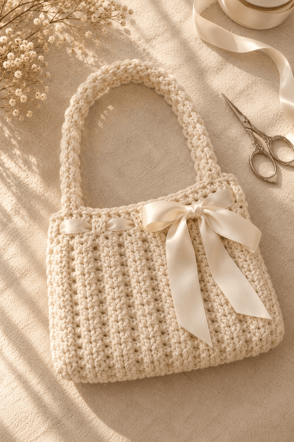 Close-up of the finished cream mini crochet bow bag with a soft ivory satin ribbon threaded through the top round and tied in a bow, with vintage silver scissors and a length of ribbon nearby