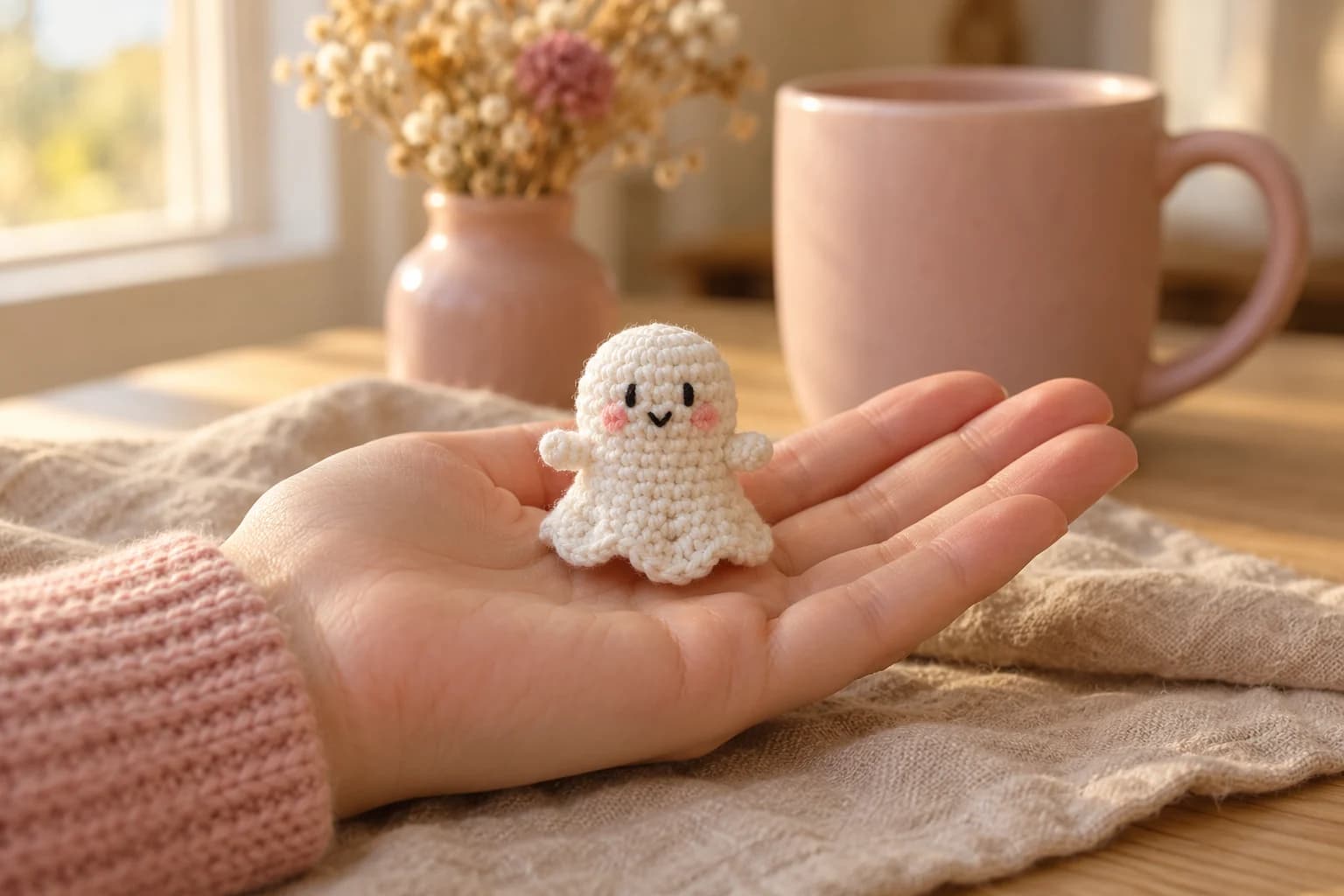Mini crochet ghost standing in an open palm: a tiny white amigurumi ghost about 2¼ inches tall with a round head, two little slip-stitch arms, small black embroidered eyes, a tiny V mouth, pink cheeks and a wavy sheet hem