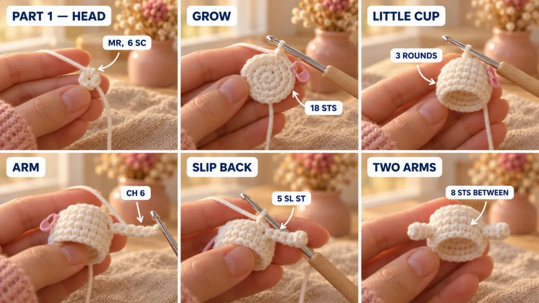 Step 1 of the mini crochet ghost: a white magic ring on a 2.5 mm hook, the head growing into a small round cup of 18 stitches, a 6-chain worked back in slip stitches to make a little arm, and the second arm sticking out on the other side of the round