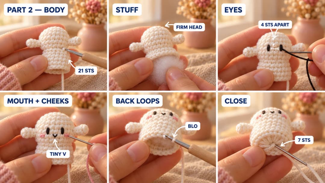 Step 2 of the mini crochet ghost: the body worked below the arms up to 21 stitches, the head stuffed, two small black embroidered eyes, a tiny V mouth and pink cheeks on the front between the arms, the round in the back loops leaving a row of free front loops, and the bottom pulled closed