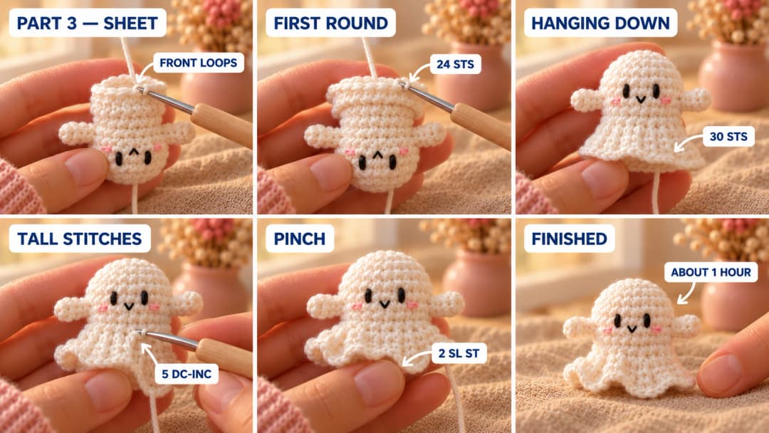 Step 3 of the mini crochet ghost: the ghost held upside down, a standing single crochet worked into the free front loops of the body, the sheet growing down over the closed bottom to 30 stitches, the last round of mixed stitches rising into a ruffle, and fingers pinching the hem at the two slip stitches