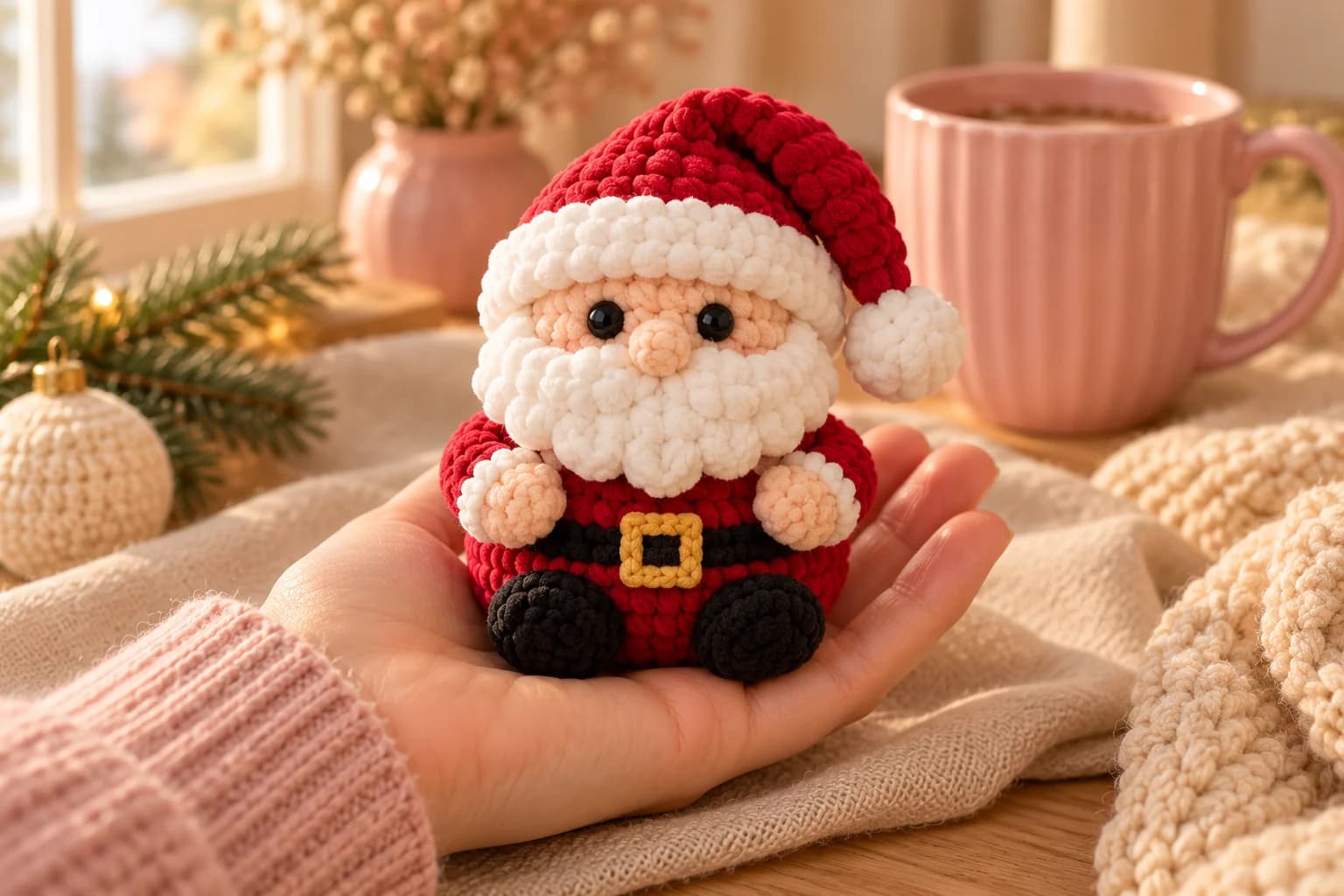 Mini crochet Santa amigurumi sitting in an open palm over an oatmeal linen cloth: a chubby velvet-yarn Santa with a floppy red hat, a thick white brim and a white pompom hanging beside his face, two shiny black eyes, a round peach nose, a fluffy white beard, peach mittens with fluffy white cuffs resting on his red tummy, a black belt with a yellow buckle and two round black boots, a blush pink mug and a sprig of pine in the background