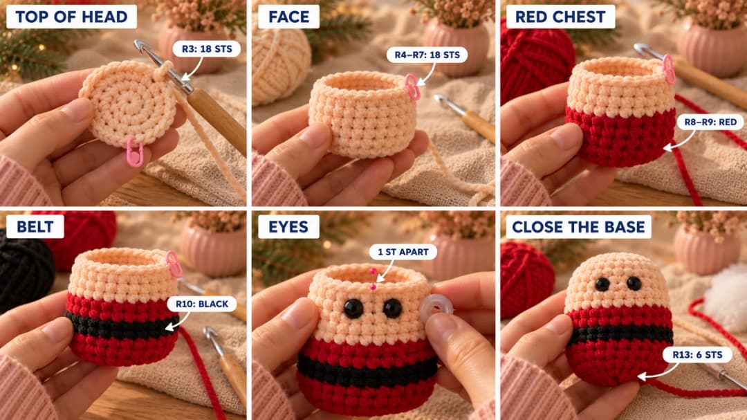 Step 1 of the mini crochet Santa in six photos: a small peach velvet magic ring growing into a flat circle, the peach head rounding out, the color change to red for the chest, a single black round for the belt, two black safety eyes pushed in close together under a pin, and the stuffed body closed at the base