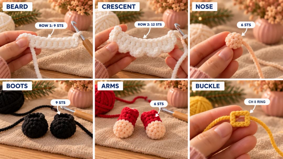 Step 2 of the mini crochet Santa in six photos: a short white velvet chain, the white beard curling into a crescent after its second row, a small round peach nose, two little black boots with rounded toes, two arms with peach mittens, white cuffs and red sleeves flattened at the top, and a tiny yellow chain ring for the belt buckle