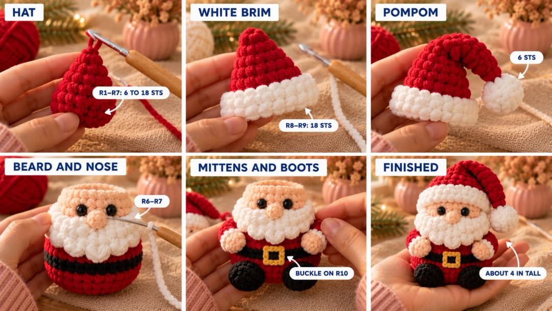 Step 3 of the mini crochet Santa in six photos: a red velvet hat cone growing from the tip, the thick white brim worked in two rounds, a white pompom sewn to the tip, the beard and round nose pinned under the eyes, the mittens and boots sewn on with the yellow buckle on the black belt, and the finished Santa with his hat flopped to one side