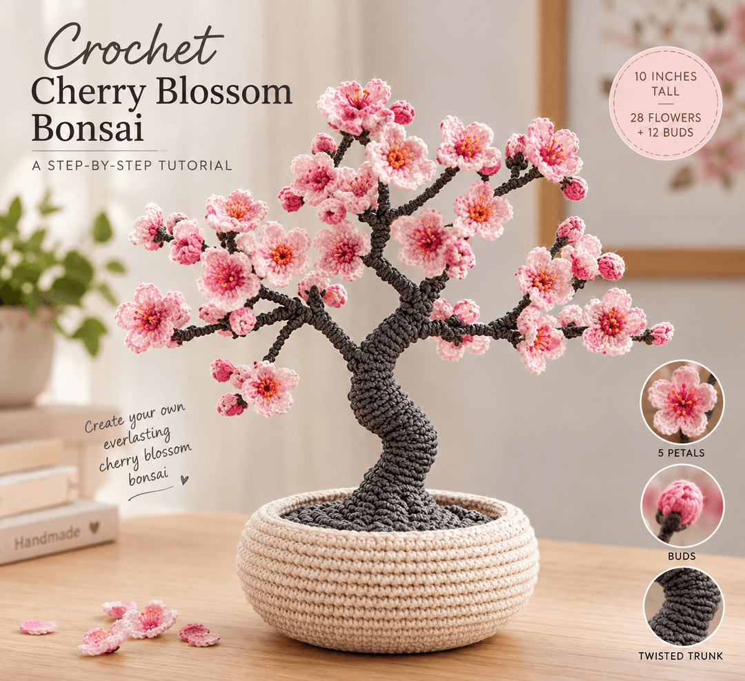 Crochet cherry blossom bonsai with a twisted charcoal trunk and clusters of pink blossoms in a round cream crochet pot