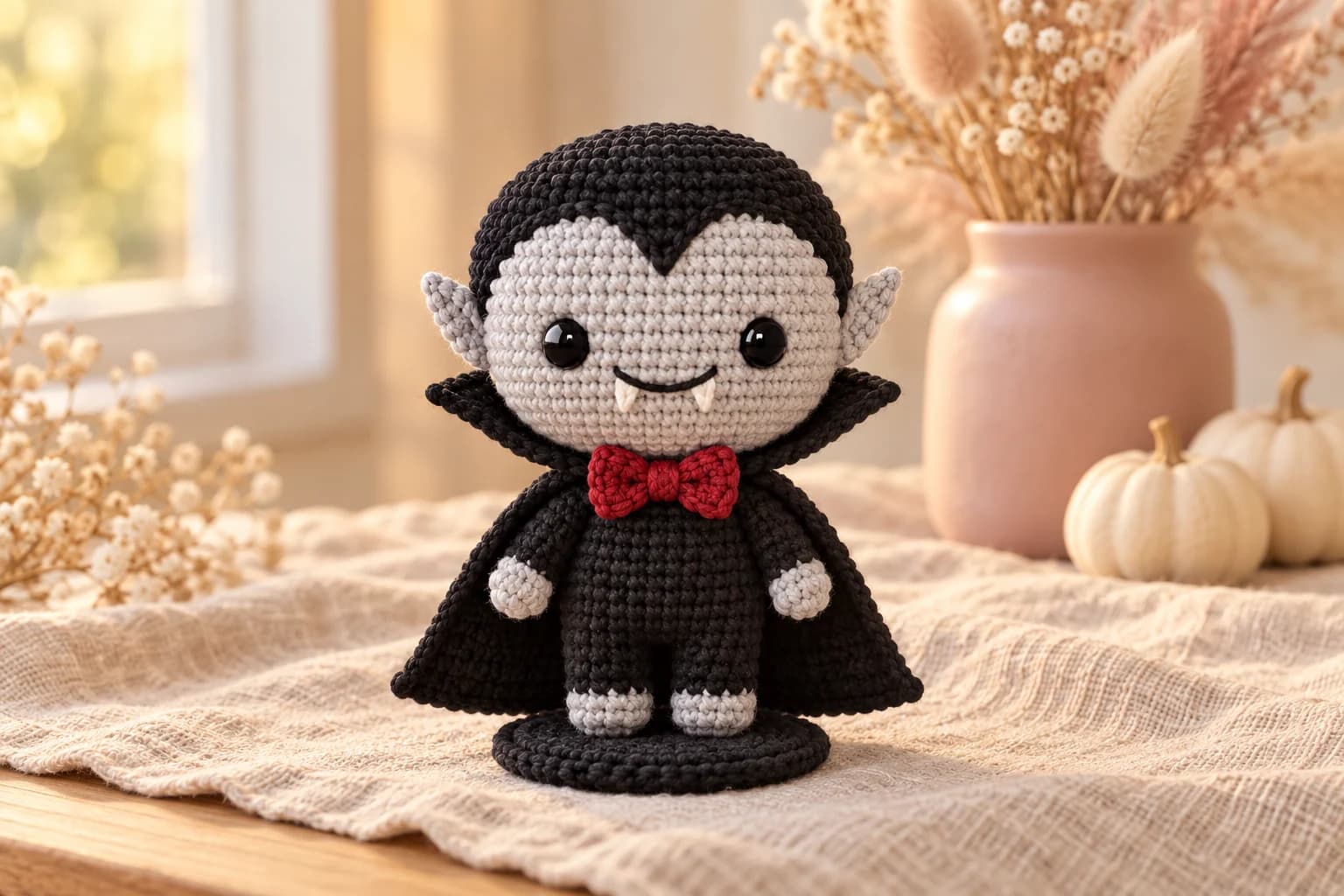 Mini vampire amigurumi on oatmeal linen: a little crochet Dracula about 3½ inches tall with a grey face, a black widow's peak, pointy grey ears, black safety eyes, two tiny white fangs, a red bow tie, a black cape with a high pointed collar, grey hands and feet, standing on a round black base