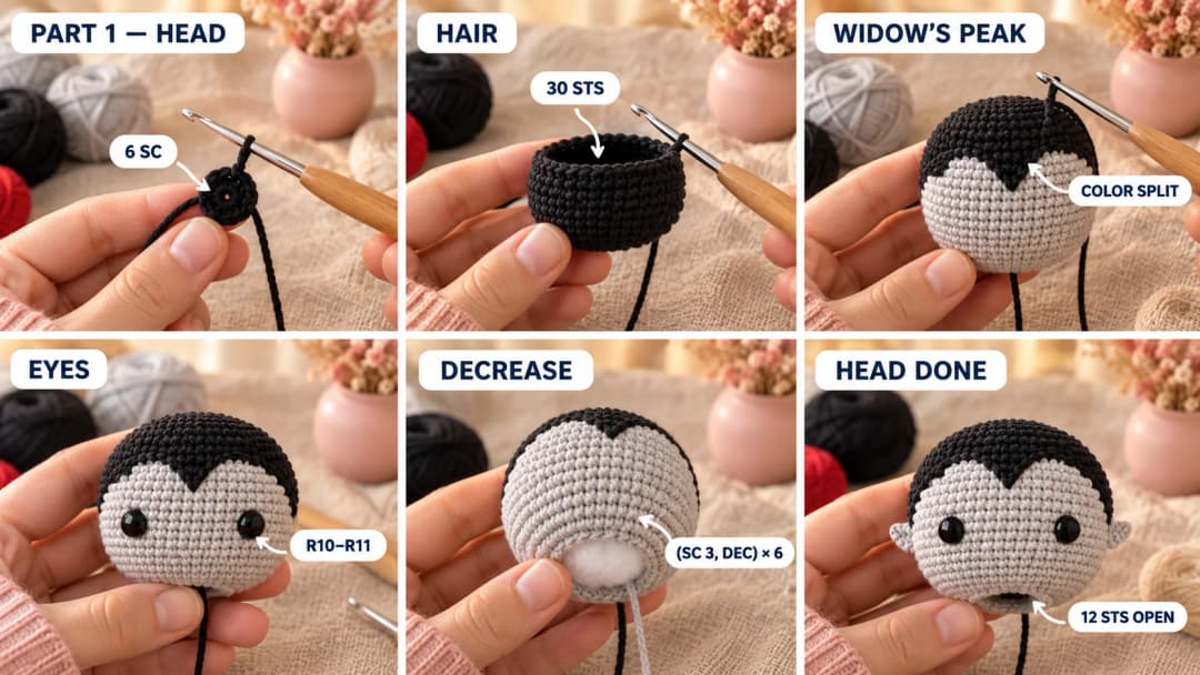 Step 1 of the mini vampire amigurumi: a black magic ring on a 2.5 mm hook, the black crown growing to 30 stitches, grey face rounds with a black widow's peak crocheted in, black safety eyes set between rounds 10 and 11, and the stuffed head decreased to an open 12-stitch neck