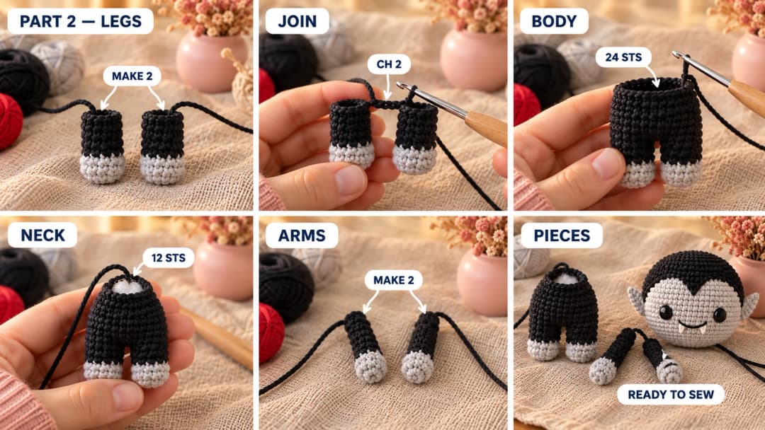 Step 2 of the mini vampire amigurumi: two little legs with grey shoes and black tops, the legs joined with two chains into one black body, the body decreased to an open 12-stitch neck, two thin arms with grey hands, and the body, arms and head laid out ready to sew