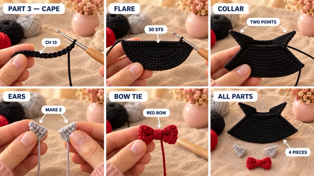 Step 3 of the mini vampire amigurumi: a small black cape growing in half double crochet rows into a half circle, a stand-up collar with two tall points worked into the starting chain, two tiny pointed grey ears and a red crochet bow tie with two wings