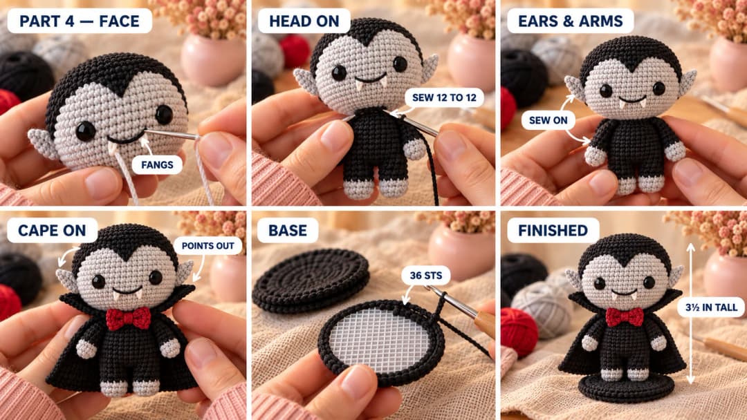 Step 4 of the mini vampire amigurumi: a black smile and two white fangs embroidered on the grey face, the head sewn to the body around the neck, pointy ears and arms sewn on, the cape wrapped around the neck with its collar points turned outward and a red bow tie at the front, the base joined over a plastic canvas circle, and the finished vampire standing on his round black base