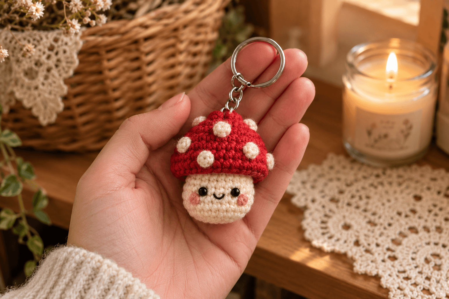 A handmade mini kawaii crochet mushroom keychain held in the palm of a hand — a red-cap amanita amigurumi about 5 cm tall with cream bobble spots, cream body with tiny black eyes, embroidered smile and pink blush cheeks, mounted on a silver split-ring keychain, cozy blurred wicker basket and lit candle in warm afternoon light