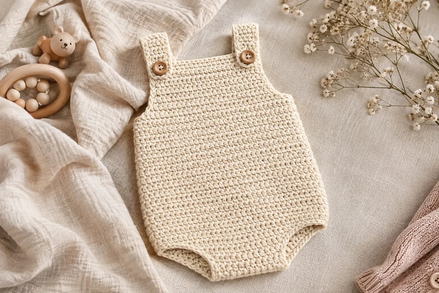 Finished cream crochet newborn baby romper with a sleeveless bubble shape, curved leg openings and two straps buttoned with wooden buttons, laid flat on linen beside a wooden teether and dried flowers