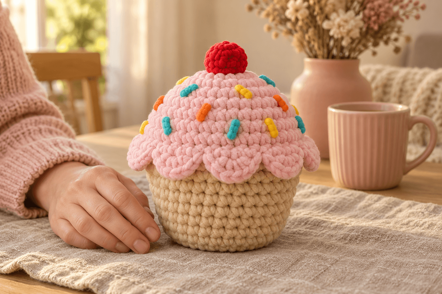 Pink chenille crochet cupcake with a rounded red cherry, seven soft frosting scallops over a tapered beige base, and short turquoise, yellow and orange embroidered sprinkles, standing upright on oatmeal linen on a light oak table