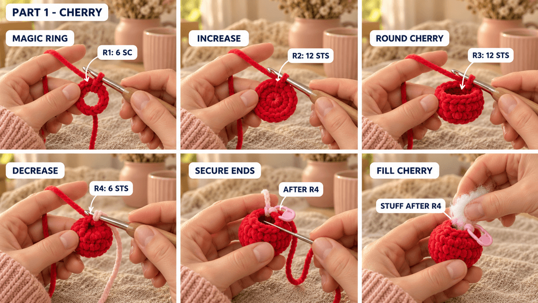 Six photos showing the red cherry from its magic ring through R4, the change to pink and light stuffing.