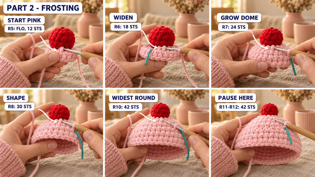 Six photos showing the pink frosting growing from R5 to the open 42-stitch dome after R12.
