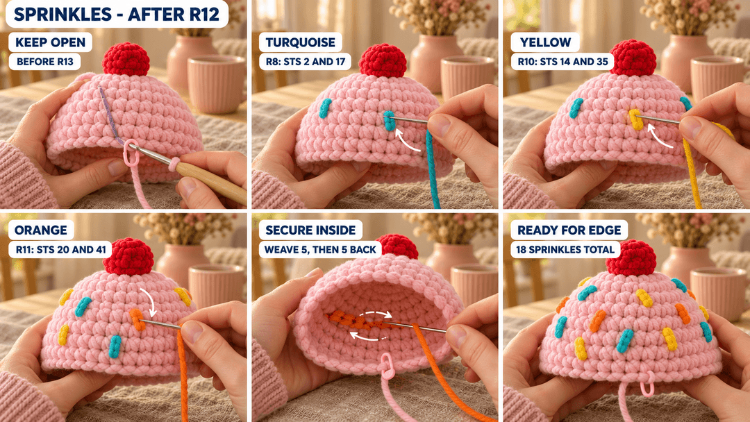 Six photos showing colored sprinkles embroidered on the open frosting after R12, before the scalloped edge.