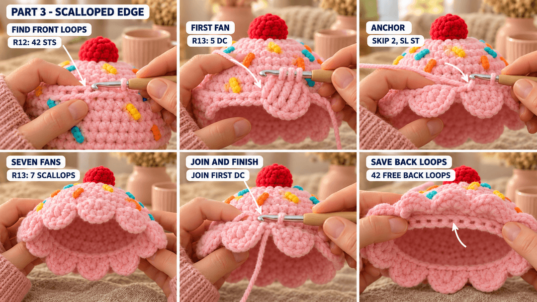Six photos showing seven pink scallops worked in the front loops of R12, with the back loops left free.
