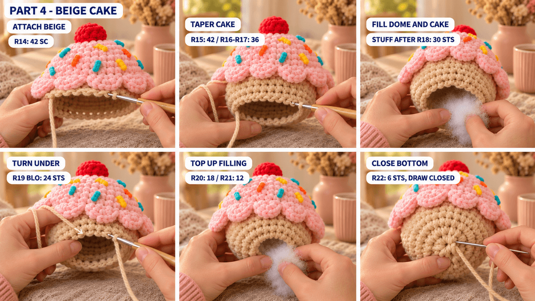 Six photos showing the beige cake picked up beneath the frosting, stuffed and closed after R22.