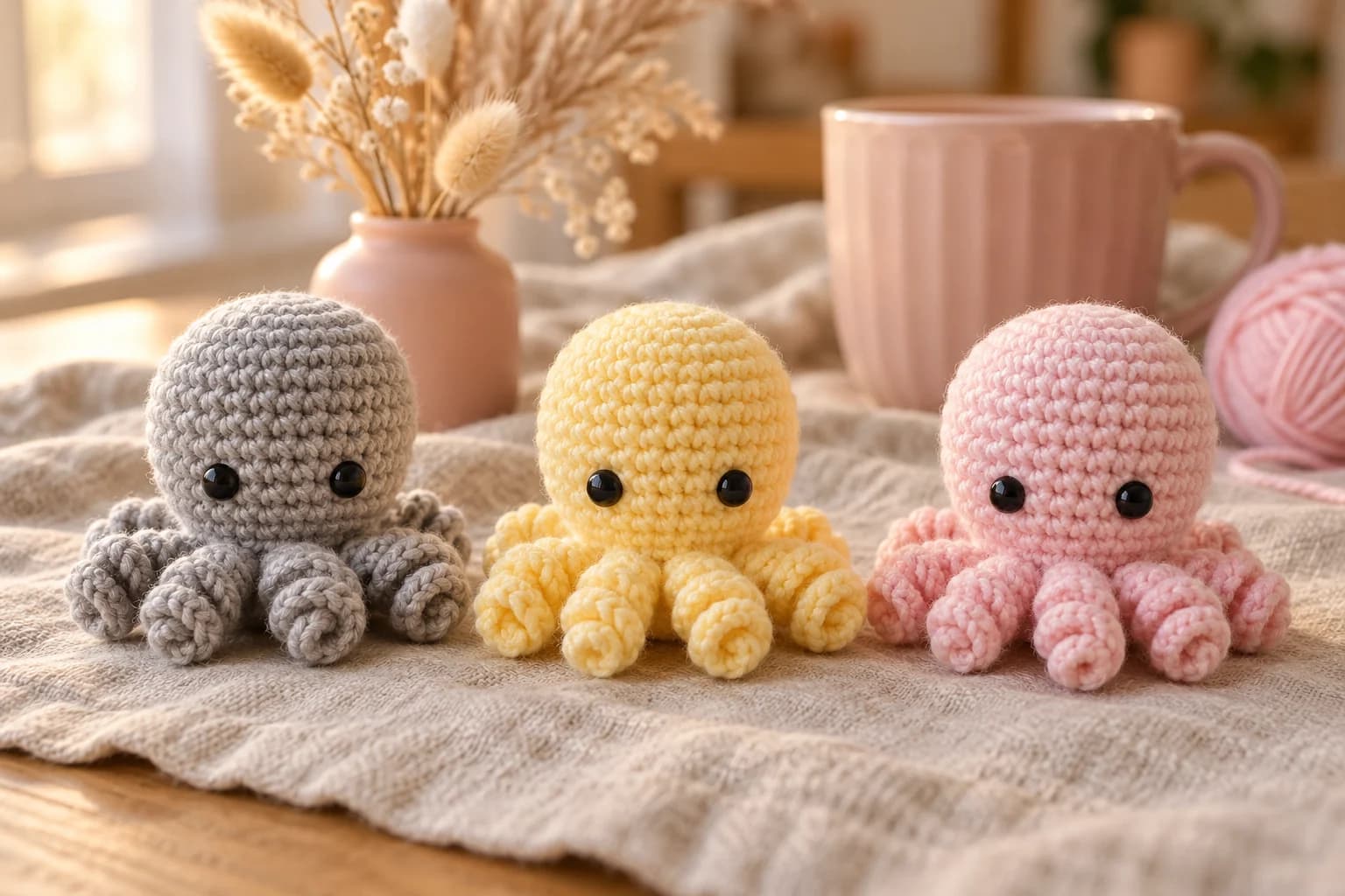 No-sew crochet octopus pattern: three small amigurumi octopuses in heather grey, butter yellow and baby pink, each with a round head in tight single crochet, two small black safety eyes set low on the face and eight short curly tentacles rolled into spirals, sitting in a row on an oatmeal linen cloth next to a blush pink mug