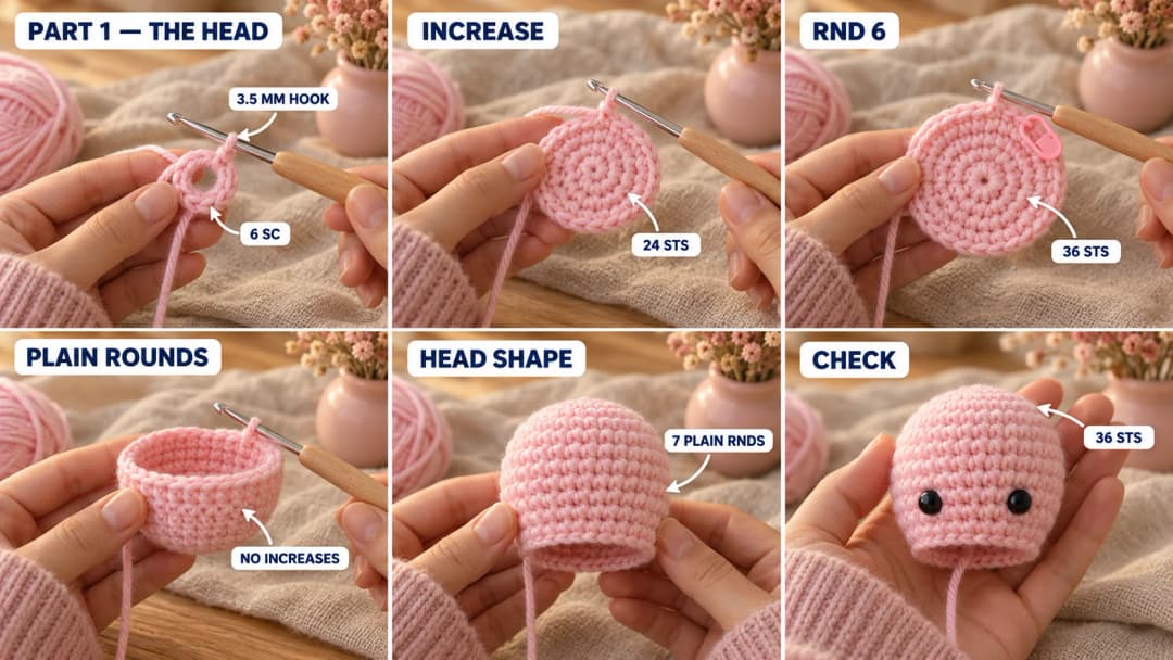 Step 1 of the no-sew crochet octopus: a baby pink magic ring of 6 single crochet on a 3.5 mm hook, the circle growing in spiral rounds to 36 stitches, then seven plain rounds turning it into a tall rounded head shape