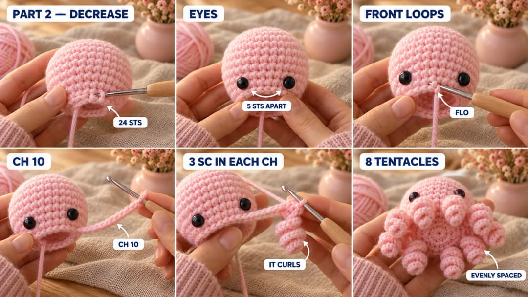 Step 2 of the no-sew crochet octopus: the pink head decreased to 24 stitches, two black safety eyes set low on the face 5 stitches apart, a chain of 10 growing from the front loops, the chain worked back with 3 single crochet in each chain so it rolls into a curl, and all eight curly tentacles evenly spaced around the body