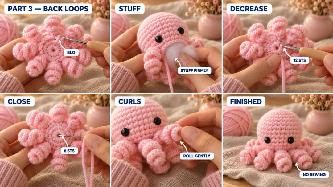 Step 3 of the no-sew crochet octopus: the free back loops of the tentacle round, the bottom decreased to 18 and 12 stitches, the head stuffed firmly, the last 6 stitches pulled closed, and the finished pink octopus sitting on its eight curly tentacles