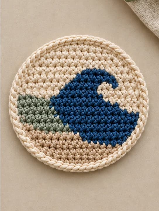 Round crochet coaster with a curling navy ocean wave, a band of sage green water, a sand-colored shore and a cream sky, finished with a cream rope border, on a beige linen surface
