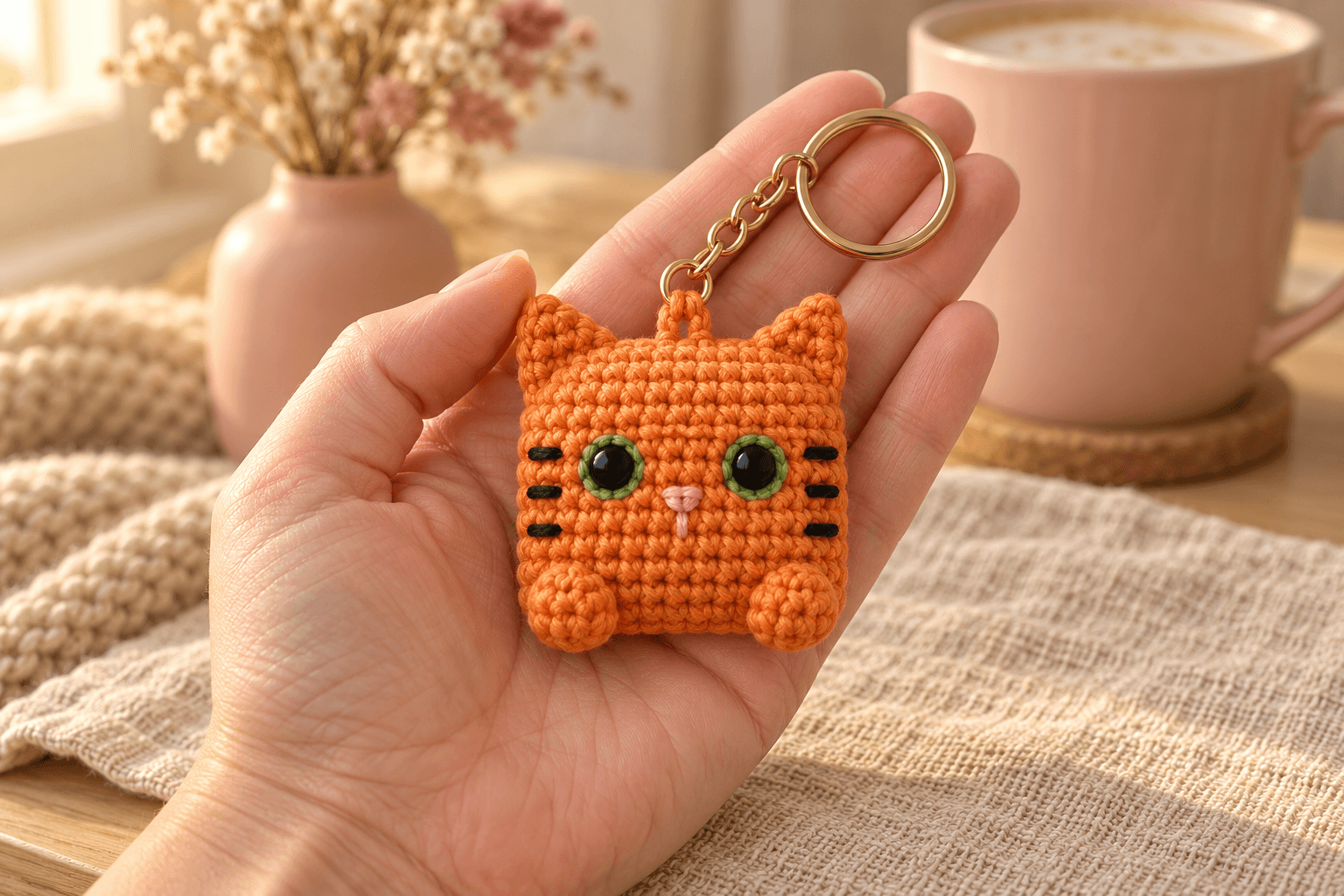 Small square orange cotton crochet cat keychain supported in an open palm: black eyes with narrow green crocheted surrounds, a pink stitched nose, three short black stripes on each side of the face, little orange ears at the upper corners and two rounded paws below, a fine gold-tone chain and split ring hanging from a small orange loop between the ears, with oatmeal linen and a blush mug behind