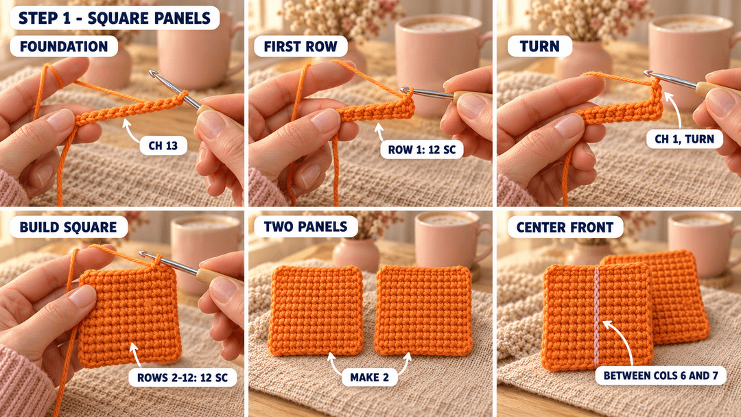 Six photos showing the foundation chain, twelve single crochets across, twelve rows, two separate orange squares and the center-front marker.