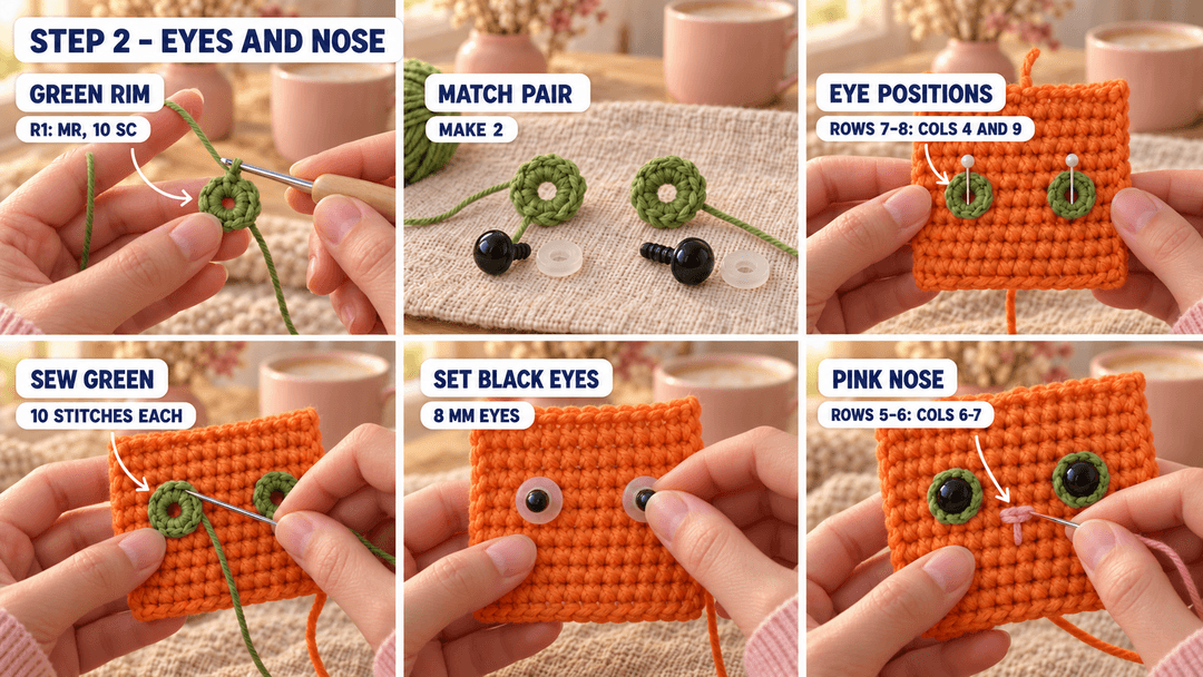 Six photos showing green ten-stitch eye surrounds, placement on the flat front, safety-eye washers on the back and the pink stitched nose.