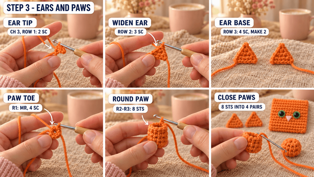 Six photos showing small orange ear triangles and rounded paws, with each eight-stitch paw opening closed in four pairs.