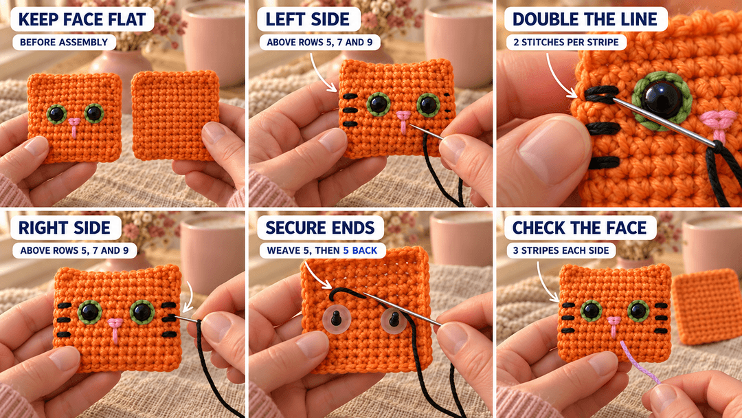 Six photos showing three short black stripes embroidered on each side of the separate orange face panel, with the ends secured on the back.