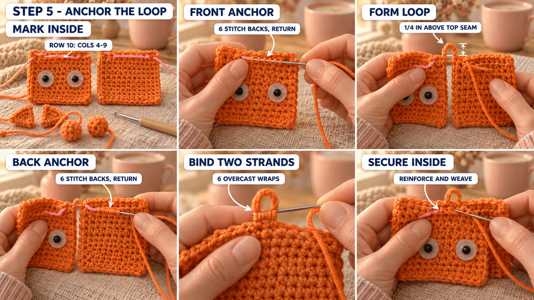 Six photos showing the sewn orange hanging loop reinforced across six stitch backs on both open panels before assembly.