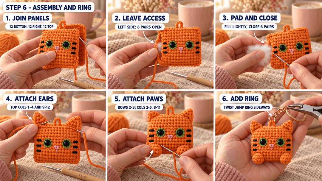 Six photos showing the square panels sewn together, light stuffing, ears and paws attached and the gold-tone keyring added.