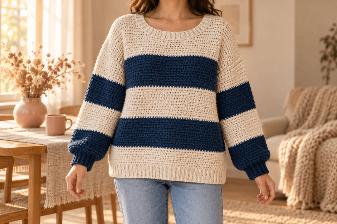 An oversized cream and navy single-crochet sweater worn with jeans, with two broad navy body stripes, dropped shoulders, wide sleeves gathered into navy ribbed cuffs, a cream ribbed hem and a generous rounded cream collar, in a warm beige room with blush accents.