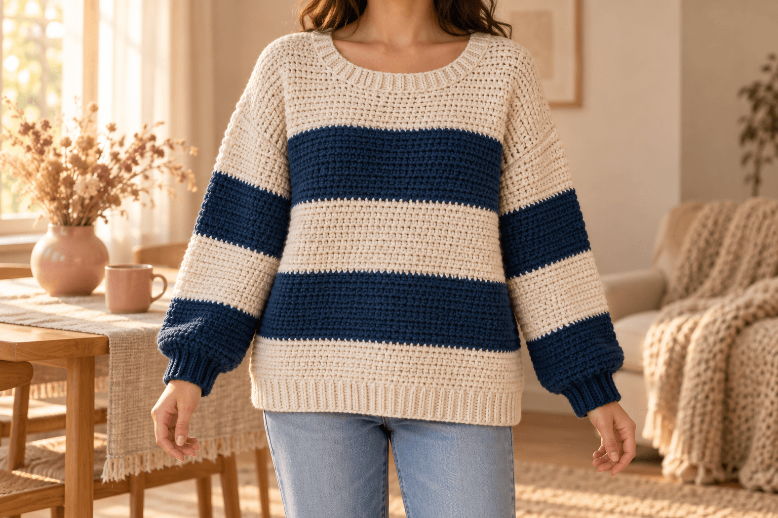An oversized cream and navy single-crochet sweater worn with jeans, with two broad navy body stripes, dropped shoulders, wide sleeves gathered into navy ribbed cuffs, a cream ribbed hem and a generous rounded cream collar, in a warm beige room with blush accents.