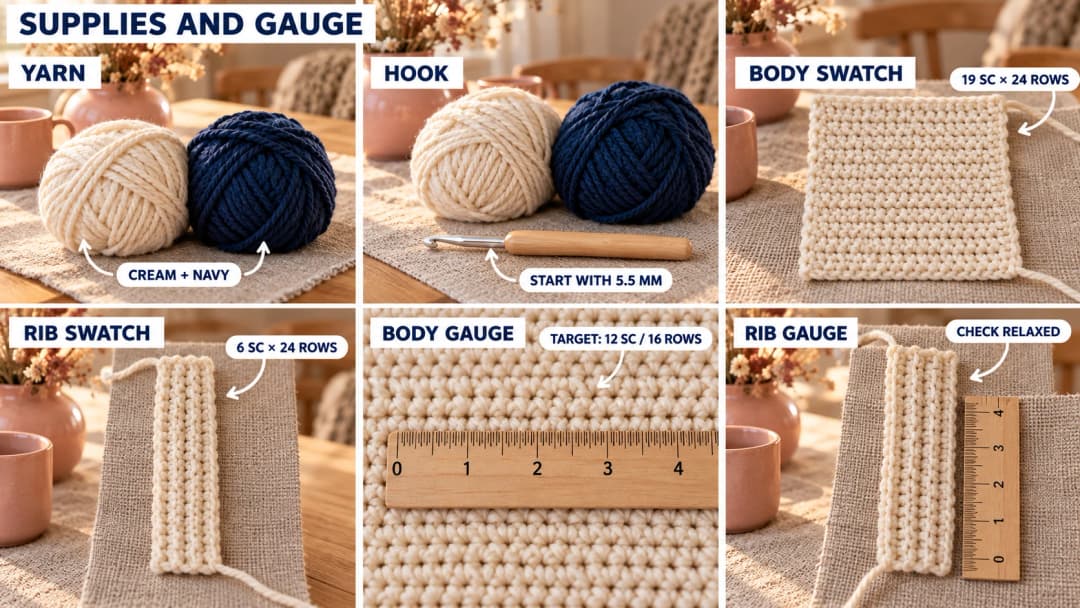 Cream and navy worsted yarn, a crochet hook, and cream single-crochet and back-loop ribbing swatches with labels for the target gauge.