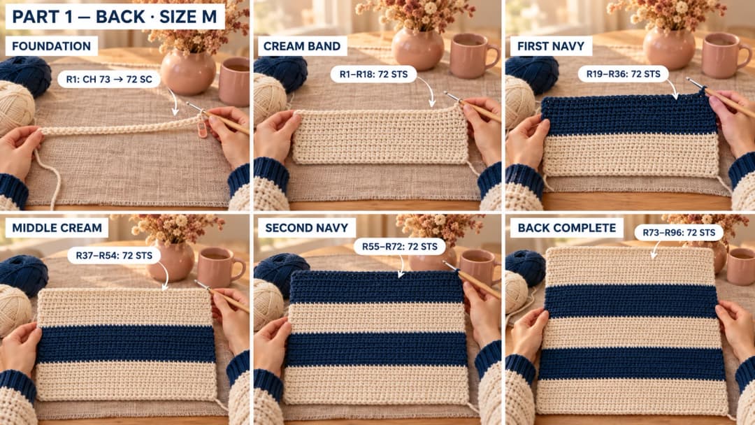 Six stages of the size-M back panel: cream foundation, the first cream band, alternating navy and cream bands, and the completed straight-topped back.