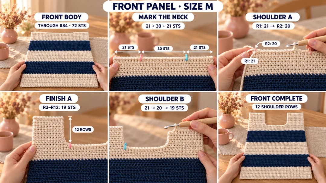 Size-M front neckline construction: the full-width panel, marked center gap, shoulder A, mirrored shoulder B and completed front with raw edges.