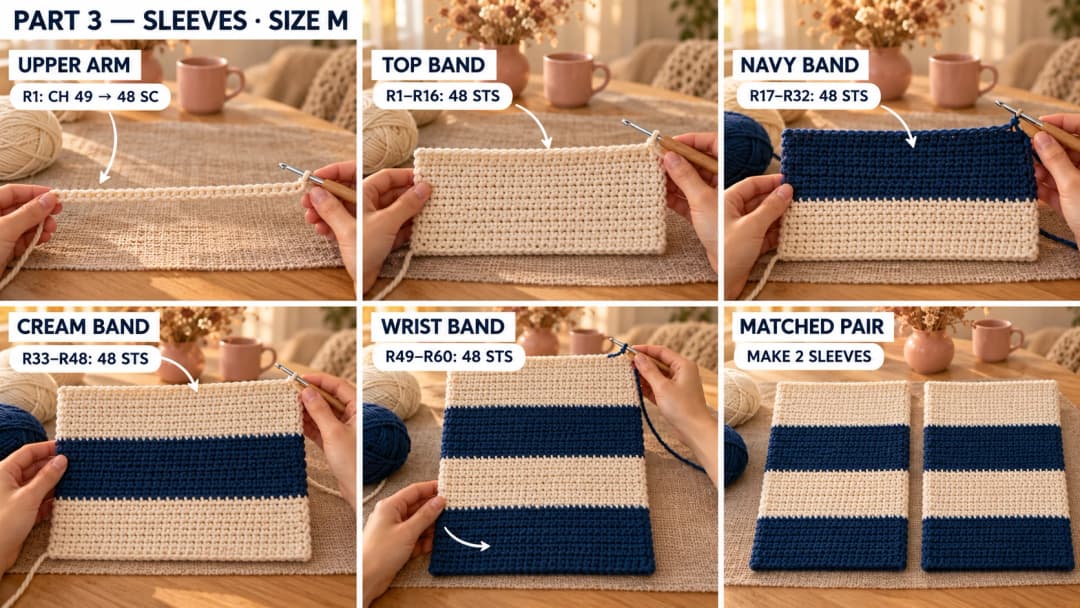 Size-M sleeves worked as straight rectangles in cream, navy, cream and navy, with a matched pair ready for assembly.