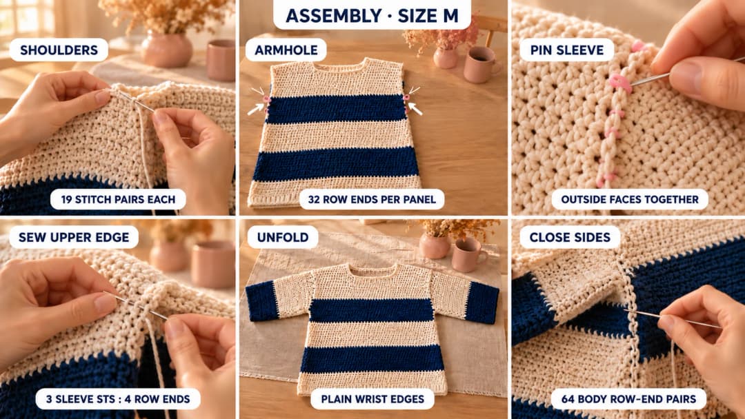 Shoulder seaming, marked armholes, sleeve pinning with outside faces together, upper-edge joining, unfolded sleeves and closing the body side seams.