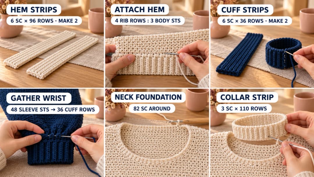 Cream hem strips and navy cuff strips, attaching the hem, gathering the navy wrist, the cream neckline foundation and the separate ribbed collar strip.