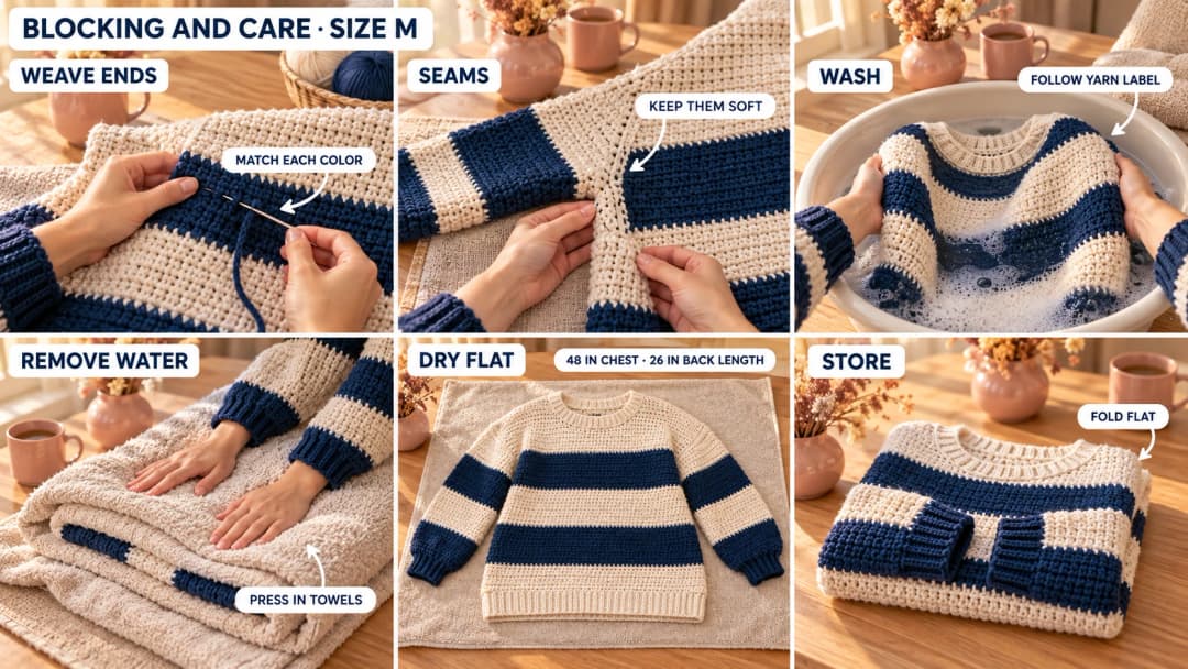 Finishing the cream and navy sweater: weaving yarn ends, checking seams, washing, pressing in towels, drying flat and folding for storage.