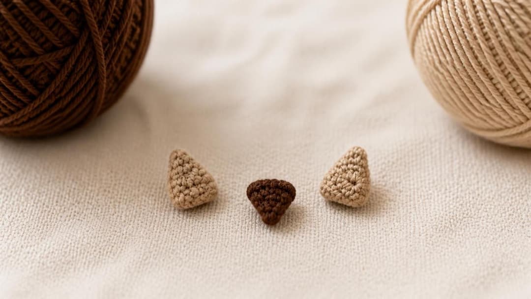 Close-up on cream linen — one tiny dark brown crochet triangle beak (about 5 mm) and two small tan ear-tuft cones (about 8 mm each), plus a small ball of espresso brown cotton DK yarn and a ball of tan yarn softly blurred