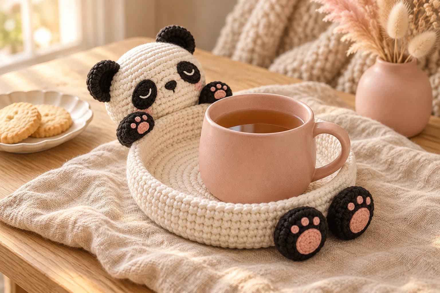 Cute crochet panda coaster: a white crochet tray coaster holding a blush pink mug of tea, with a round white amigurumi panda head resting against the rim, black ears, black eye patches with sleepy white eyes, a black nose and pink cheeks, the head sitting upright behind the coaster, two black paws with pink pads and toes hugging the rim and two round black feet with pink pads at the front, on an oatmeal linen cloth on a light oak table next to a plate of cookies