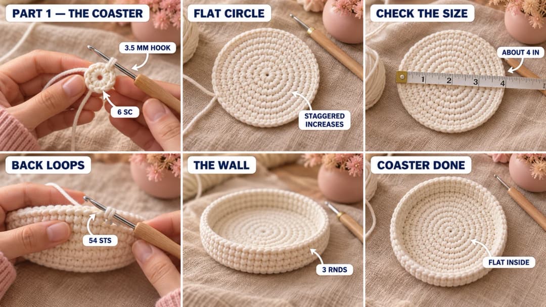 Step 1 of the crochet panda coaster: a white magic ring of 6 single crochet on a 3.5 mm hook, a flat white circle growing to 54 stitches, a tape measure showing about 4 inches across, the back-loop round turning up the edge, and the finished tray coaster with a low wall