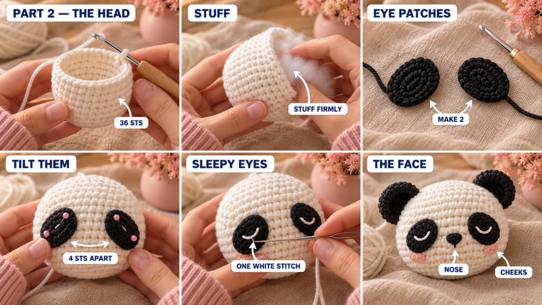 Step 2 of the crochet panda coaster: a white crochet head growing to 36 stitches, stuffed firmly, two black ovals worked around a chain, the eye patches pinned on at a tilt 4 stitches apart, white sleepy eyes embroidered on them, and the finished face with a black nose, pink cheeks and black ears