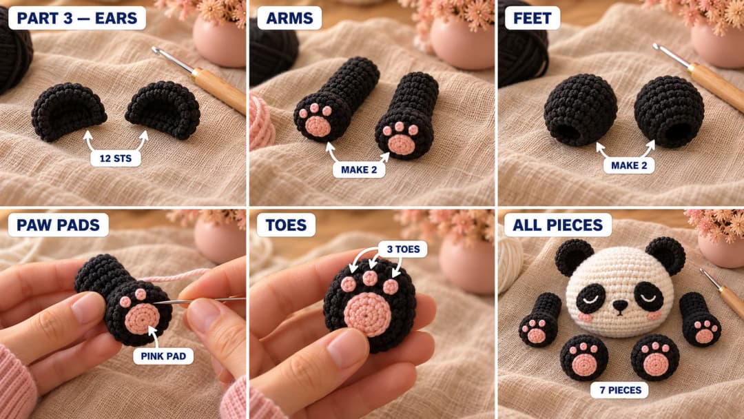 Step 3 of the crochet panda coaster: two black half-cup ears, two short black arms and two round black feet, each worked from a magic ring, a crocheted pink pad being sewn on the tip of a paw, three little pink toes on the sole of a foot, and all the panda pieces laid out around the finished head