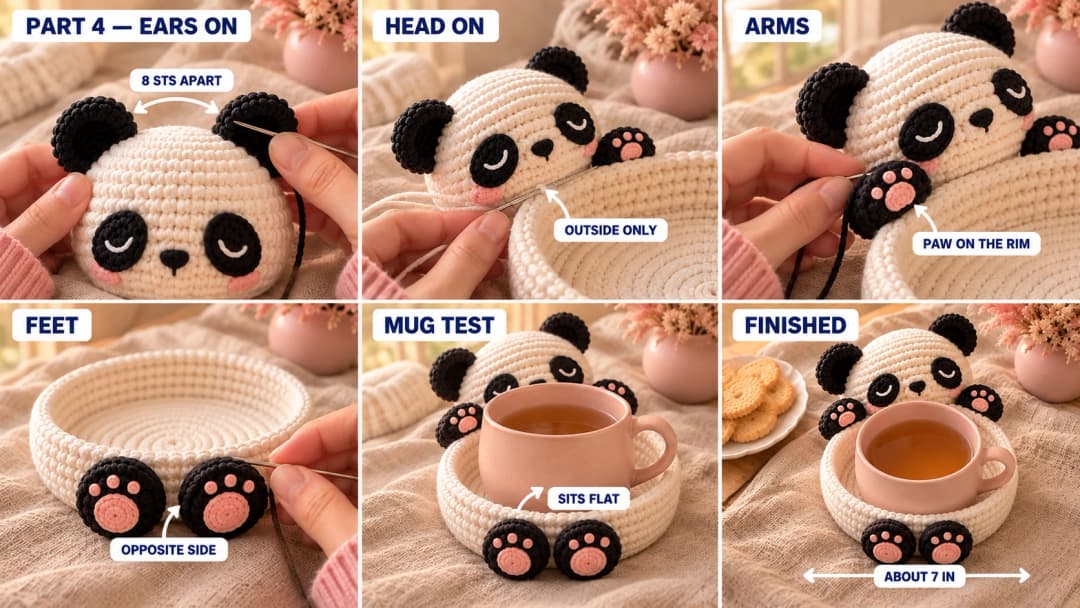 Step 4 of the crochet panda coaster: black ears sewn on top of the panda head, the head sitting upright and stitched against the outside wall of the white coaster, a black paw with its pink pad sewn over the rim, two round black feet with pink soles sewn on the opposite side, and a blush pink mug of tea sitting flat in the finished coaster